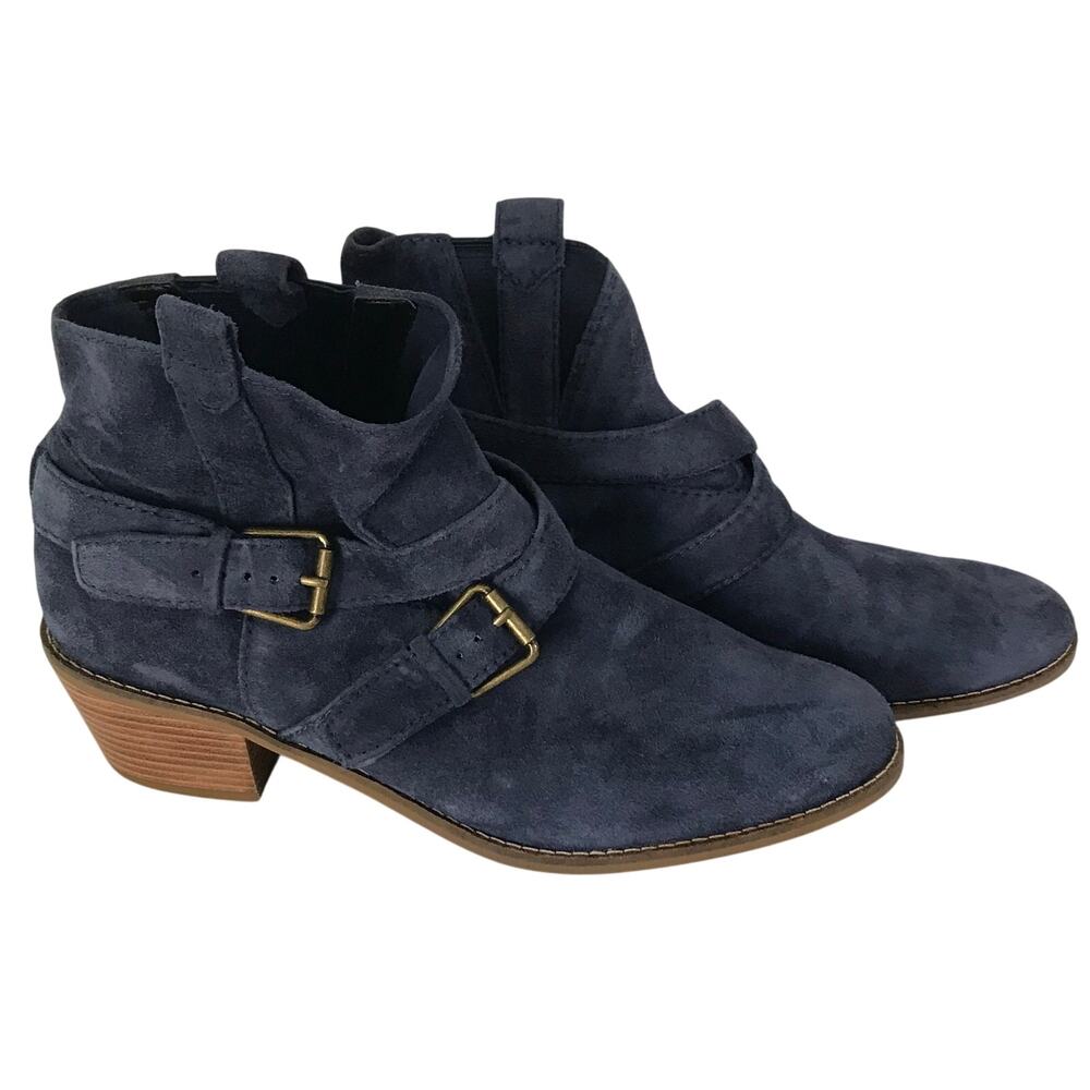 Cole Hahn Booties Boots Size 7 Women's Denim Blue Faux Suede Buckles Wood Heel